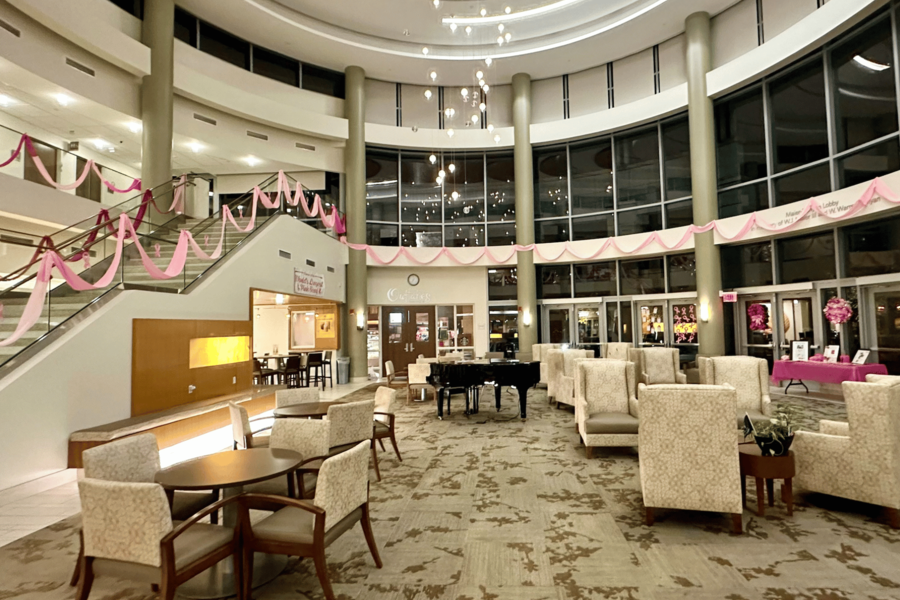 Part of the world’s longest pink scarf on display at the CAMC Cancer Center